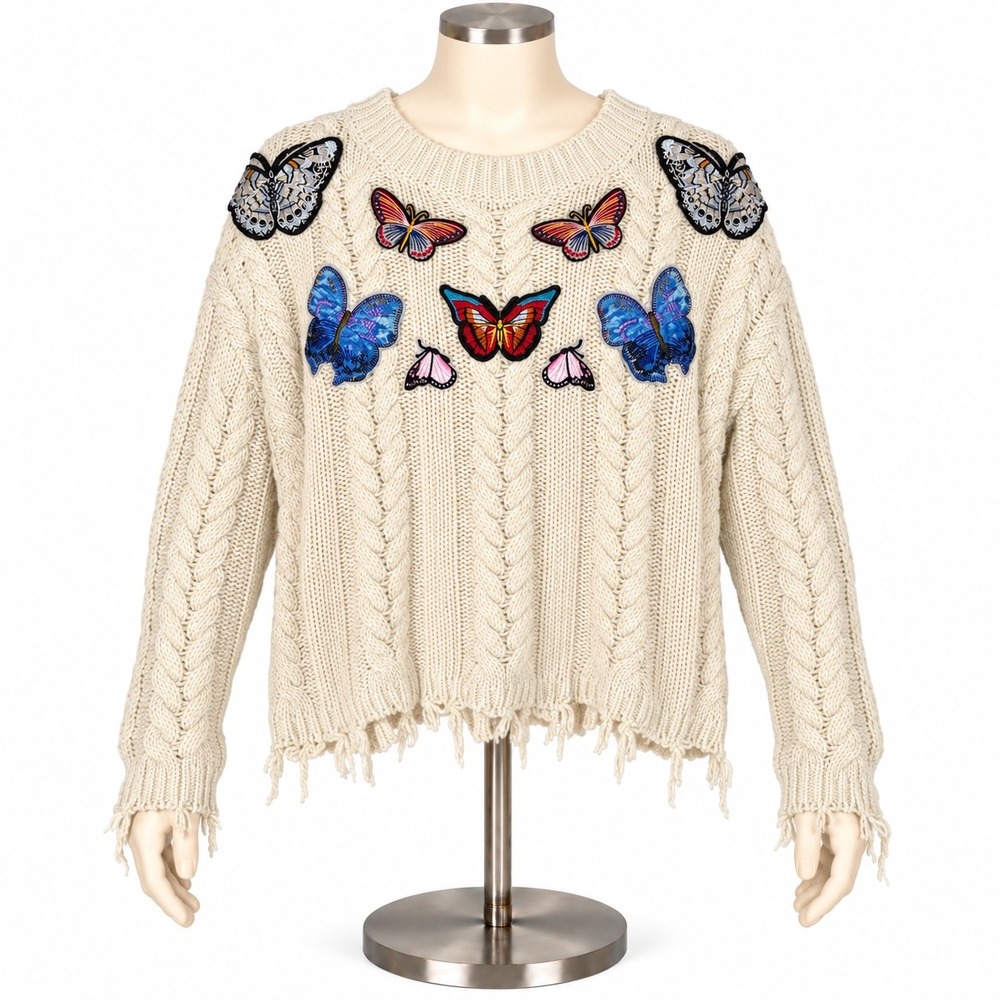 Sunset + Spring Butterfly Embroidered Cable Knit Distressed Sweater Ivory XS